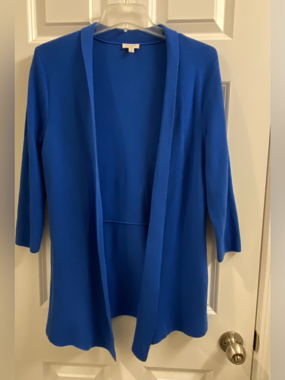 Women's Talbots Small Open Front Cardigan Sweater Royal Blue 3/4 Sleeve Peplum